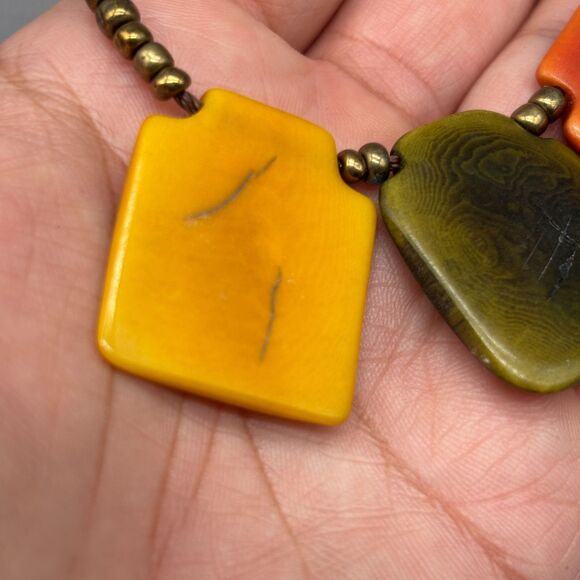 Agate Stone Bead Necklace Green Yellow Orange Polished Natural Brass Spacers - Picture 6 of 12